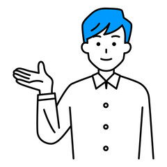 右手で紹介するカジュアルな男性