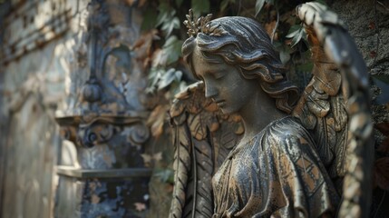 A distressed angel with intricate detailing on its wings, set against a backdrop of ancient mausoleums and creeping ivy. Close-up photo with clean background