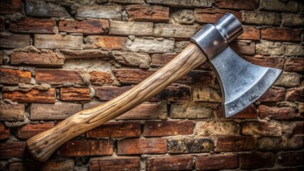 A shiny silver axe with a curved blade and worn wooden handle leans against a distressed brick wall, evoking a sense of rugged firefighting heritage.