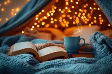 charming banner featuring a cozy blanket fort with fairy lights, books, and hot cocoa embodying happiness and simplicity