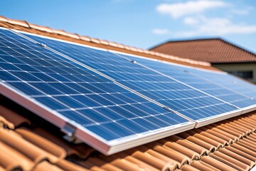 Solar panels installed on a rooftop during sunny afternoon, showcasing renewable energy technology in a residential area