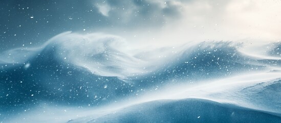 Snowstorm over a snowy landscape with a swirling wind.