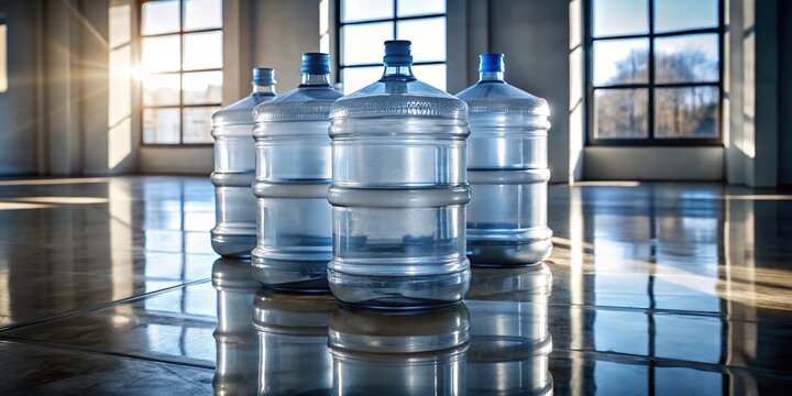 A stack of transparent five-gallon jugs filled with crystal-clear water, illuminated by soft natural light, with subtle shadows and reflections on a clean industrial floor.