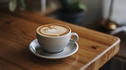 Obraz premium A cup of cappuccino coffee on a wooden table with a chocolate heart topping.