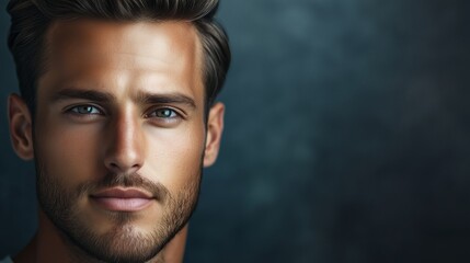 Obraz premium A striking portrait of a young man with piercing blue eyes, glowing skin, and stylish hair against a dark background