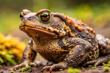Obraz premium A toad's rugged, earth-toned skin is punctuated by vibrant yellow markings, creating a striking visual contrast in this close-up shot.