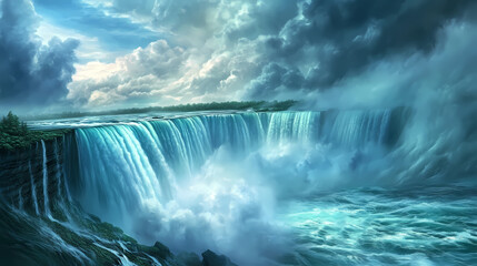 Majestic emerald niagara falls waterfall dramatic skies wallpaper background. Niagara Falls. Illustration