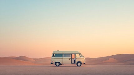 Obraz premium vintage camper van in desert at sunset