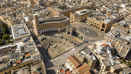 Aerial view of Sant'Oronzo square, Palazzo del Seggio and the Roman amphitheater of Lecce, In...