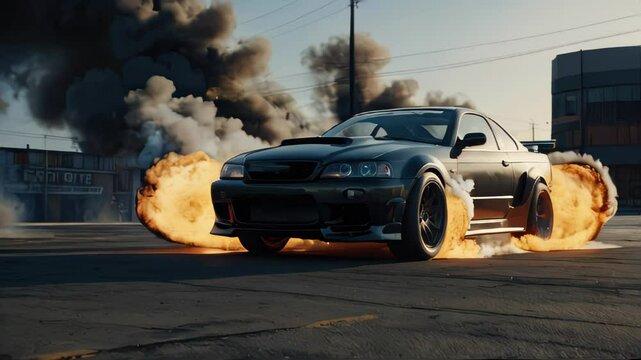 A sports car performing a drift in an industrial setting with smoke and fire