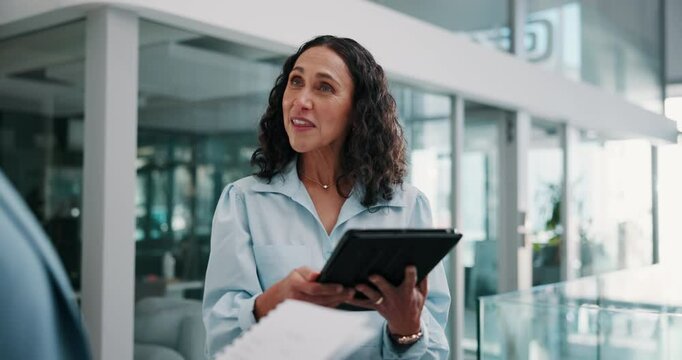 Hospital director, handshake and tablet for meeting, discussion and business with partnership and onboarding. Office, hiring and nurse with teamwork, collaboration and support for medical internship