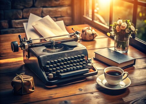 A vintage typewriter sits on a wooden desk, surrounded by scattered papers, empty coffee cups, and warm lighting, evoking a sense of nostalgic creativity.