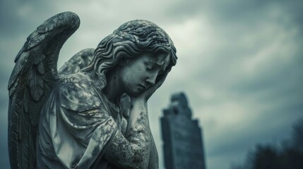 Fototapeta premium A grieving angel statue with a bowed head, surrounded by faded gravestones, under a cloudy sky creating a moody atmosphere.