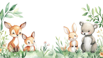 Cartoon woodland animals in watercolor, including baby deer, fox, bear, and rabbit.