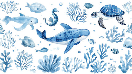 Fototapeta premium Whimsical watercolor of sea creatures like fish, turtle, seahorse, whale, and coral elements.
