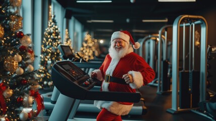 Santa Claus at the gym, running on a treadmill to maintain his fitness. Santa’s festive health routine includes body training, gym workouts, and staying in shape for the holiday season. © JuLady_studio