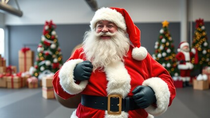 Festive smiling Santa Claus portrait at the gym. Perfect for Christmas fitness promotions and holiday sales campaigns.