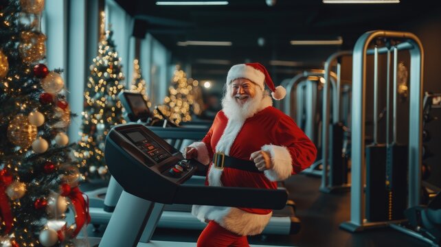 Santa Claus at the gym, running on a treadmill to maintain his fitness. Santa&rsquo;s festive health routine includes body training, gym workouts, and staying in shape for the holiday season.