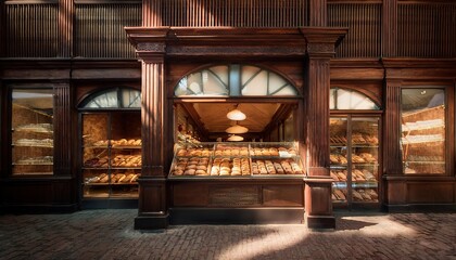 charming bakery interior. The space features a large display case filled with various types of bread and pastries, showcasing an inviting assortment. The warm wooden tones of the furniture and display
