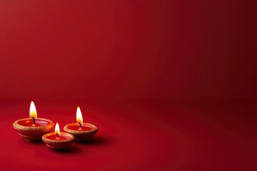 Happy Diwali Diya oil lamps on red background Greetings Card Design Copy space banner format with generative ai
