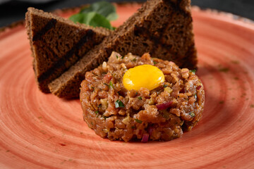 Beef Tartare with Egg Yolk and Toasts on a Striking Plate - Dark, Warm, and Rustic Visual Style