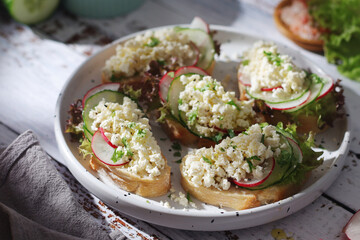 A plate with sandwiches with cottage cheese, radish and cucumber in rustic style