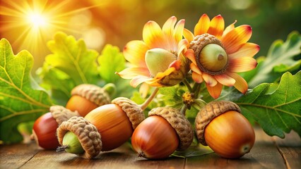 Delicate oak flowers bloom amidst lush greenery, accompanied by robust acorns, illustrating the cyclical beauty of nature in warm, earthy tones and soft, natural light.