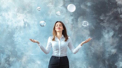 Naklejka premium Woman Juggling Bubbles in a Dreamy Setting