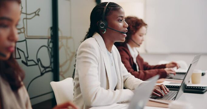 Call center, laptop and business woman typing email for customer service, support or help desk. Computer, telemarketing and happy sales consultant talking to client for advice, faq or laugh with team