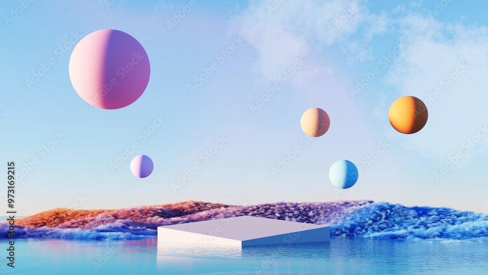 Sticker 3d render, abstract surreal landscape empty podium stand for product with colorful ball falling in t