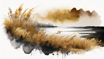 Obraz premium Piękna abstrakcyjna akwarela, na białym tle, jezioro z trzcinami i trawami, dekoracja tapeta generative ai 