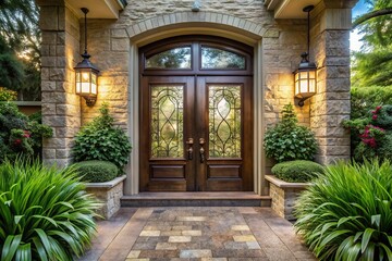 Fototapeta premium Elegant double front doors adorned with etched glass panels lead to a picturesque entrance, framed by lush greenery and a meandering stone pathway.