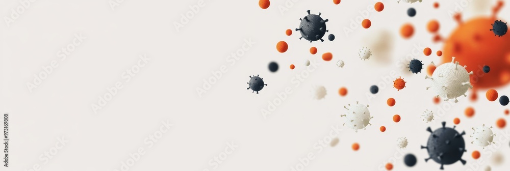 Poster 3D rendering of floating virus particles in various sizes, symbolizing monkeypox or viral outbreaks. Viral infection and global pandemic concept.