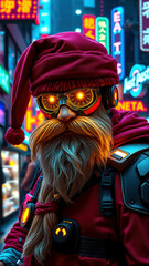 Obraz premium Santa with glowing glasses in neon city