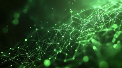 Abstract green digital network background with futuristic connections and glowing dots. Concept of technology, data, and neural networks.
