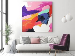 Modern Living Room with White Sofa Abstract Painting and Floor Lamp
