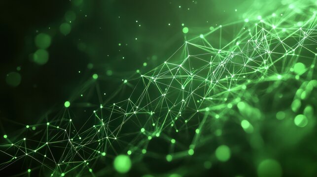 Abstract green digital network background with futuristic connections and glowing dots. Concept of technology, data, and neural networks.