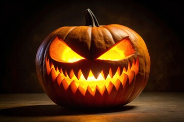 Glowing pumpkin shrouded in an aura of malevolence, its sharp teeth gleaming like razors, eyes burning with an otherworldly intensity that drums a sinister melody in the darkness.