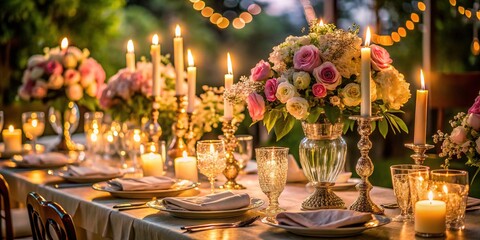 Intimate candlelit dinner setup with delicate floral arrangements, sparkling crystal glasses, and fine china, evoking romance and sophistication in an elegant atmosphere.