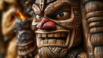 Obraz premium An isolated design element depicting a tiki man with a torch and mask, tribal wooden totems, Hawaiian or Polynesian attributes, and an in an elaborate mask with a toothy smile.