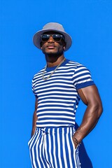 Fototapeta premium A attractive man wearing a blue and white striped shirt with a bucket hat, in a loose fi