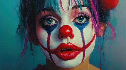 Artistic portrayal of a girl in anime style, characterized by a painted clown mask, adding an element of creativity and uniqueness.