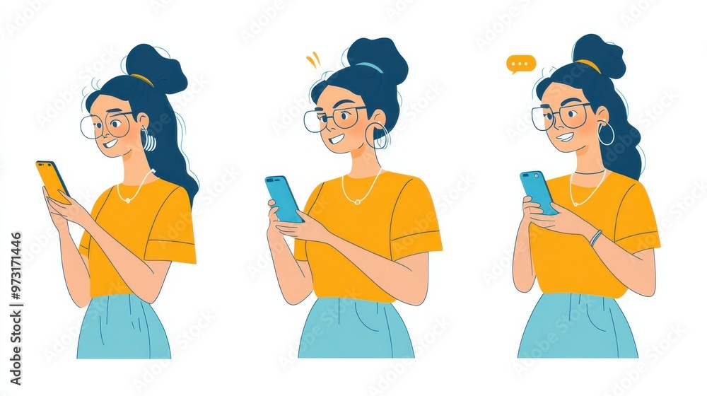 Poster infographic depicting a digital social interaction with a female character using smartphone and dati