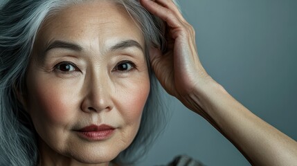Fototapeta premium Asian old woman face portrait with young smooth looking skin. 50 years Asian Korean or Chinese woman portrait with hand in hair for healthy skin advertising of skincare cosmetics