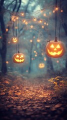 Spooky Halloween scene with cobwebs, glowing pumpkins, and eerie vibes.