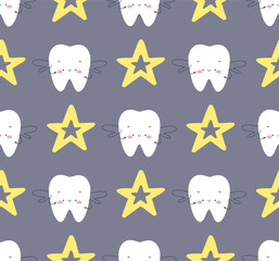 Smiling Teeth Seamless Pattern. Cute Teeth and stars.