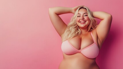 Obraz premium Body positivity, happy cute smiling plus size model blonde in flesh color underwear on pink background, copy space for text