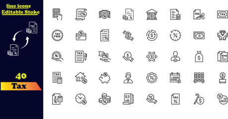 Tax Stroke Icon Set. This collection includes icons for tax-related concepts such as tax refunds, deductions, payments, tax accounting, calculators, and taxpayers.