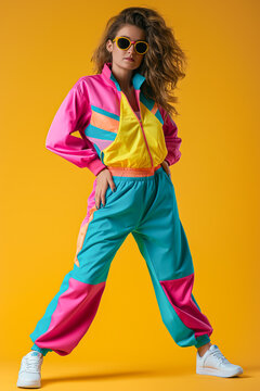 Retro fashion colorful woman in jumpsuit dancing in color studio
