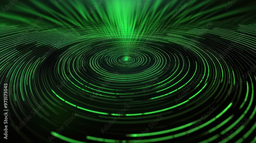 Poster circular design with green lines and arcs, futuristic radar like technology image